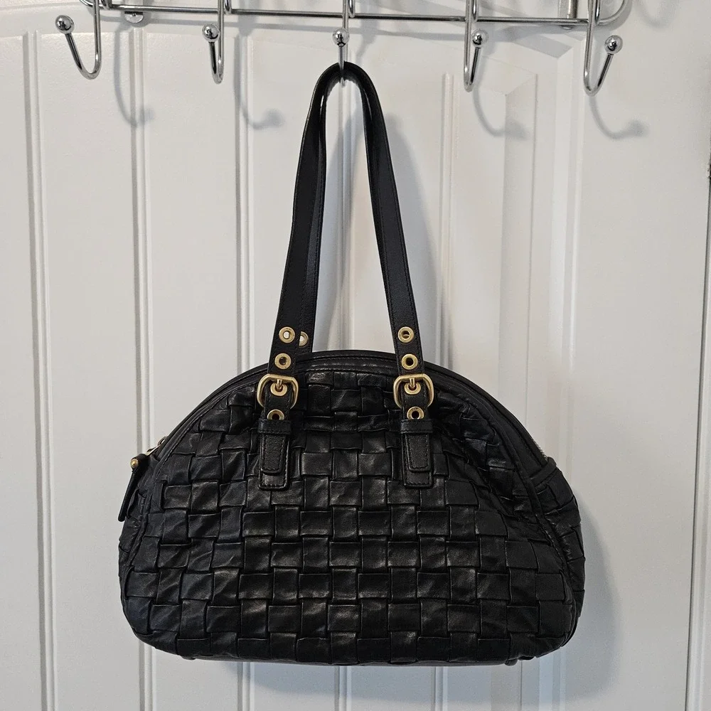 Escada Woven Satchel Shoulder Leather Bag Top Handle Gold Hardware Black